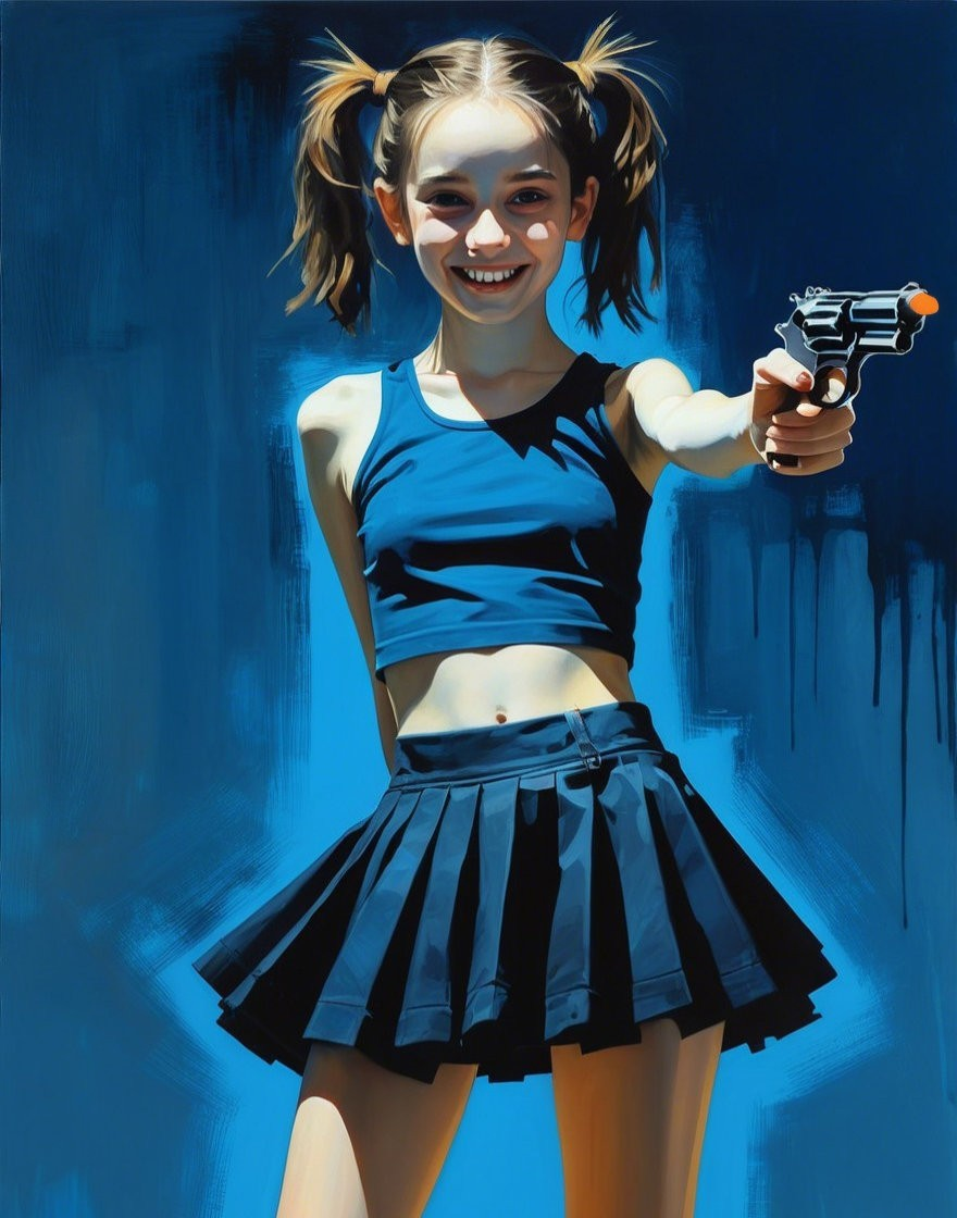 Young girl in pigtails poses with toy gun and skirt
