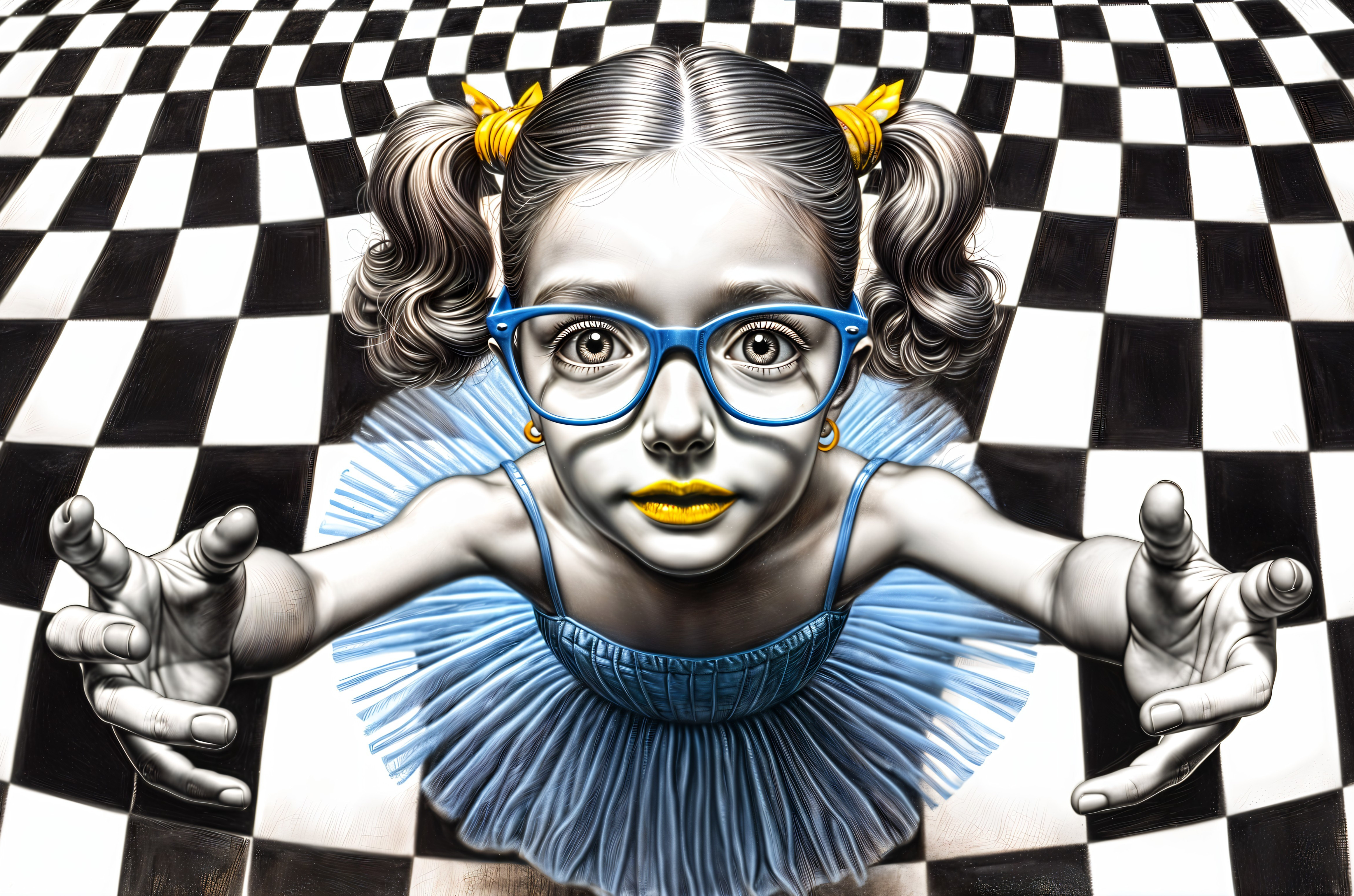 Young girl in pigtails with playful expression on checkered floor