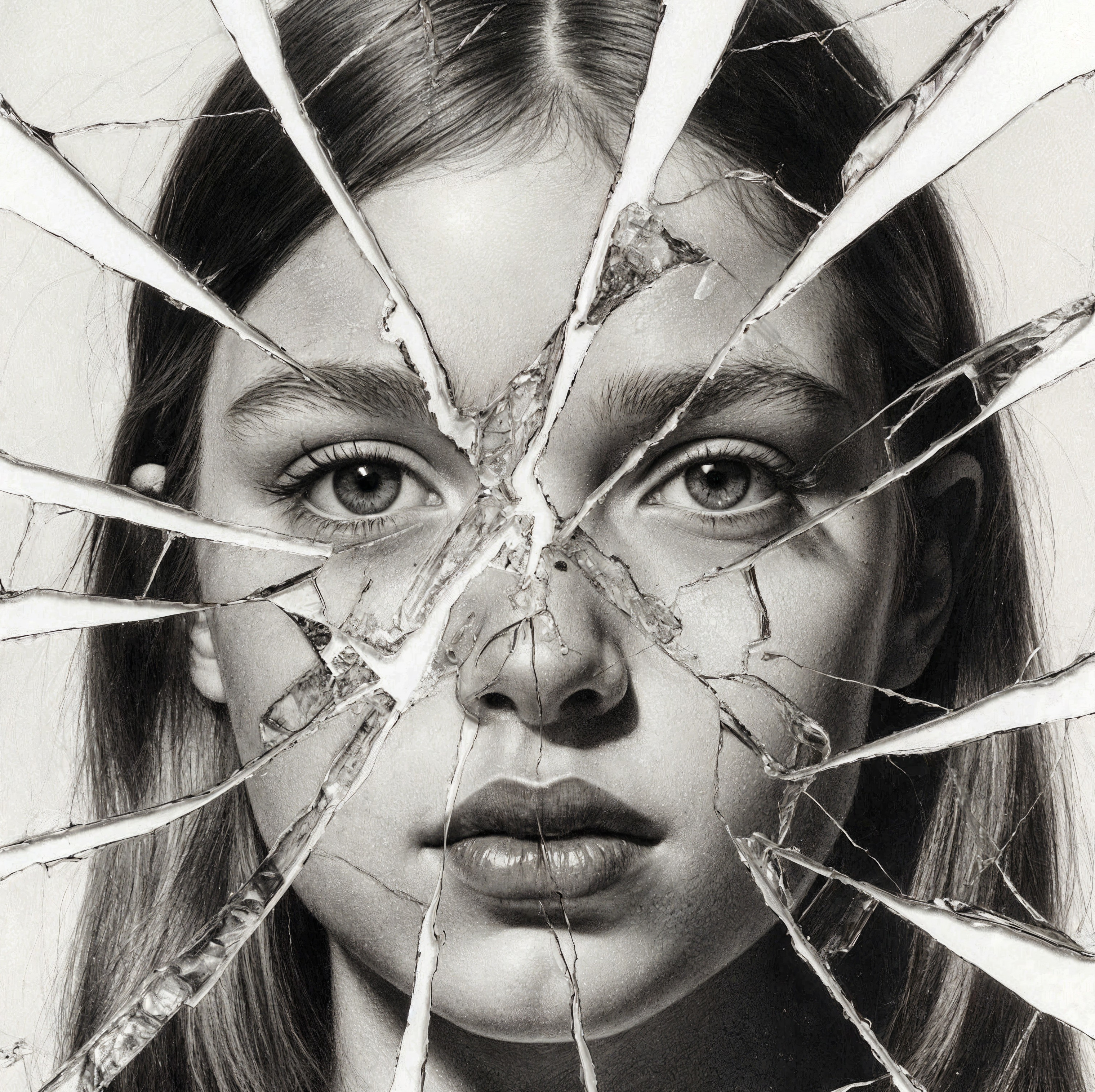 Close-Up of a Young Girl's Face with Broken Mirror