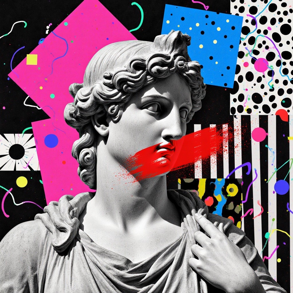 Classical Marble Bust Against Abstract Colorful Background