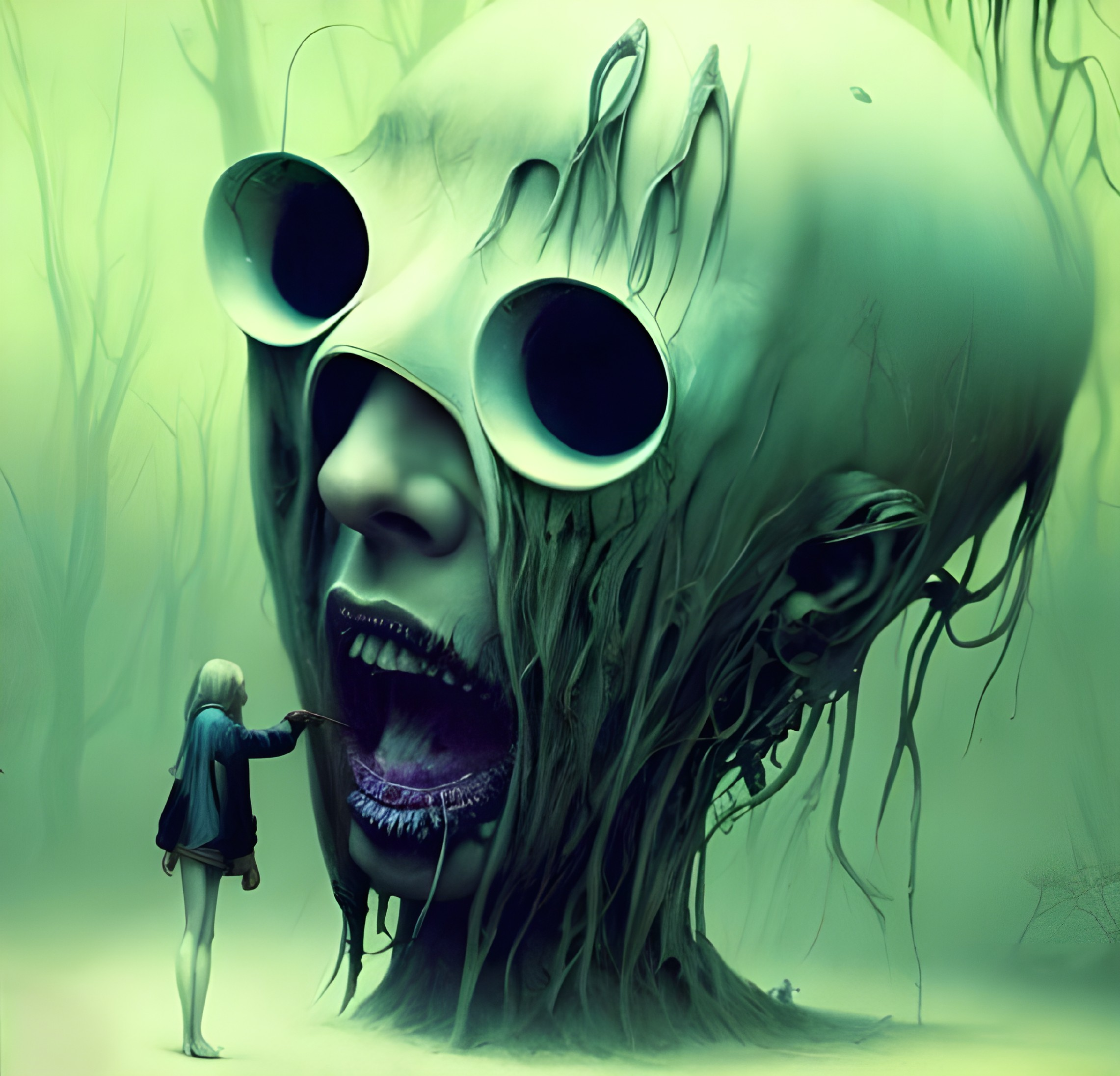 Surreal illustration of small person and large eerie head in misty green ambiance