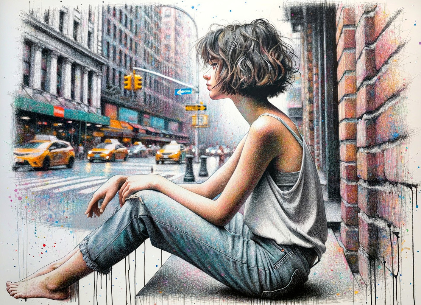 Woman sitting barefoot on city sidewalk with yellow cabs and tall buildings