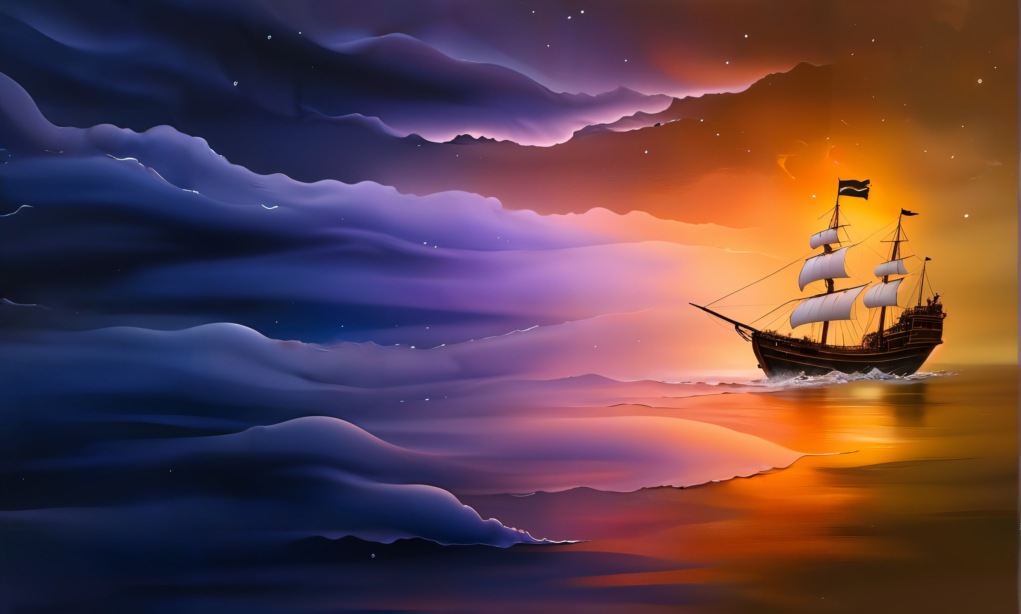 Sailing Ship on Tranquil Sea at Sunset