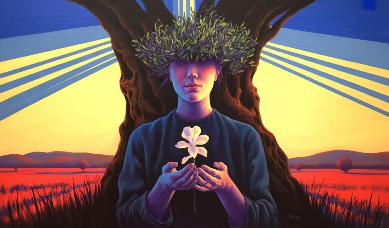 Serene Figure with Nature Elements and Vibrant Landscape
