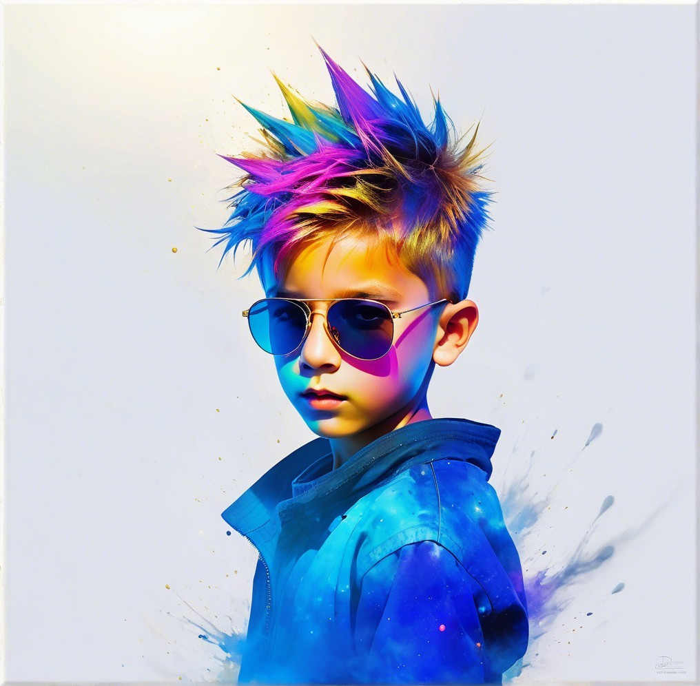 Colorful Spiked Hair Young Boy Portrait Against White Background