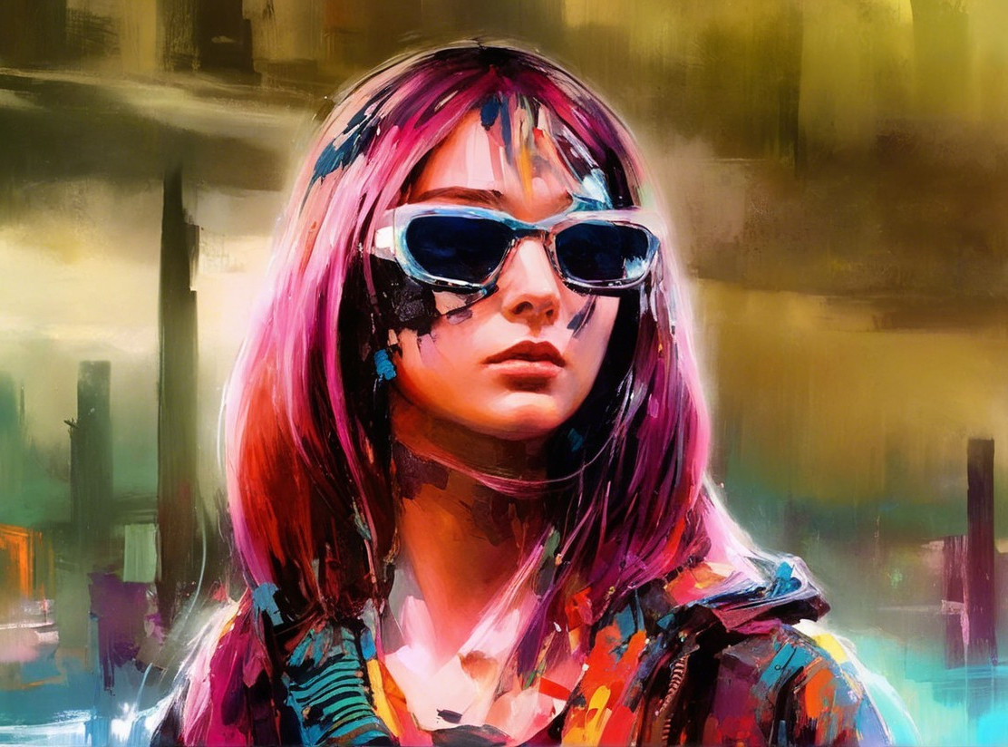Stylized portrait of a confident young woman with pink hair