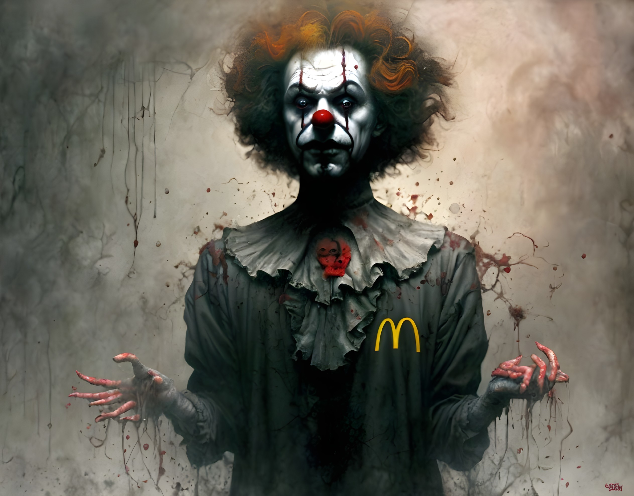 Sinister clown with bloodstained hands and red nose in McDonald's logo collar