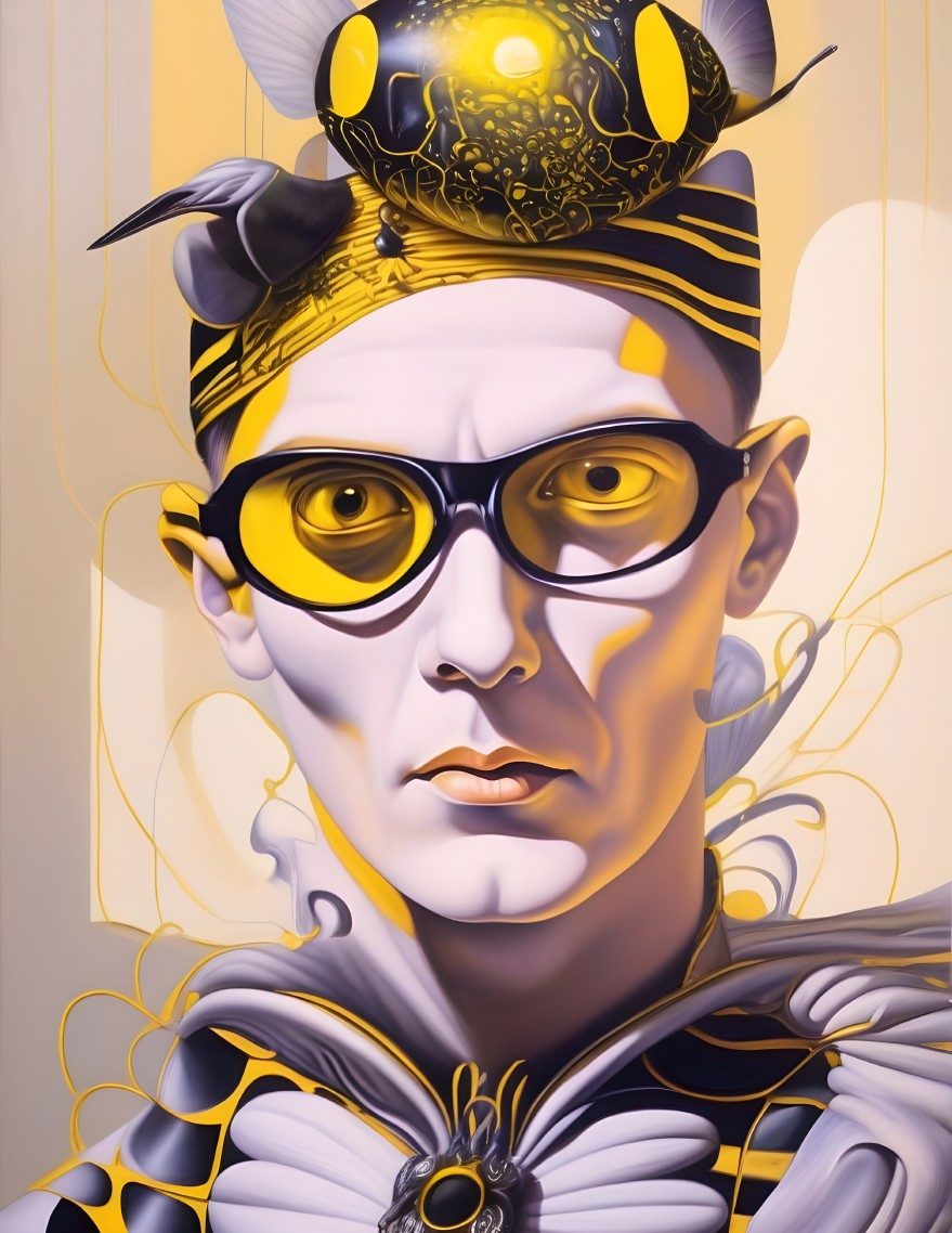 Person with regal headdress and butterfly motifs in futuristic attire on yellow backdrop