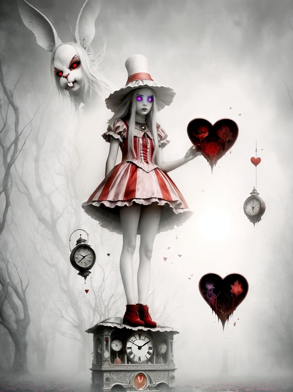 Surreal floating girl with rabbit mask and pocket watches in red and white dress