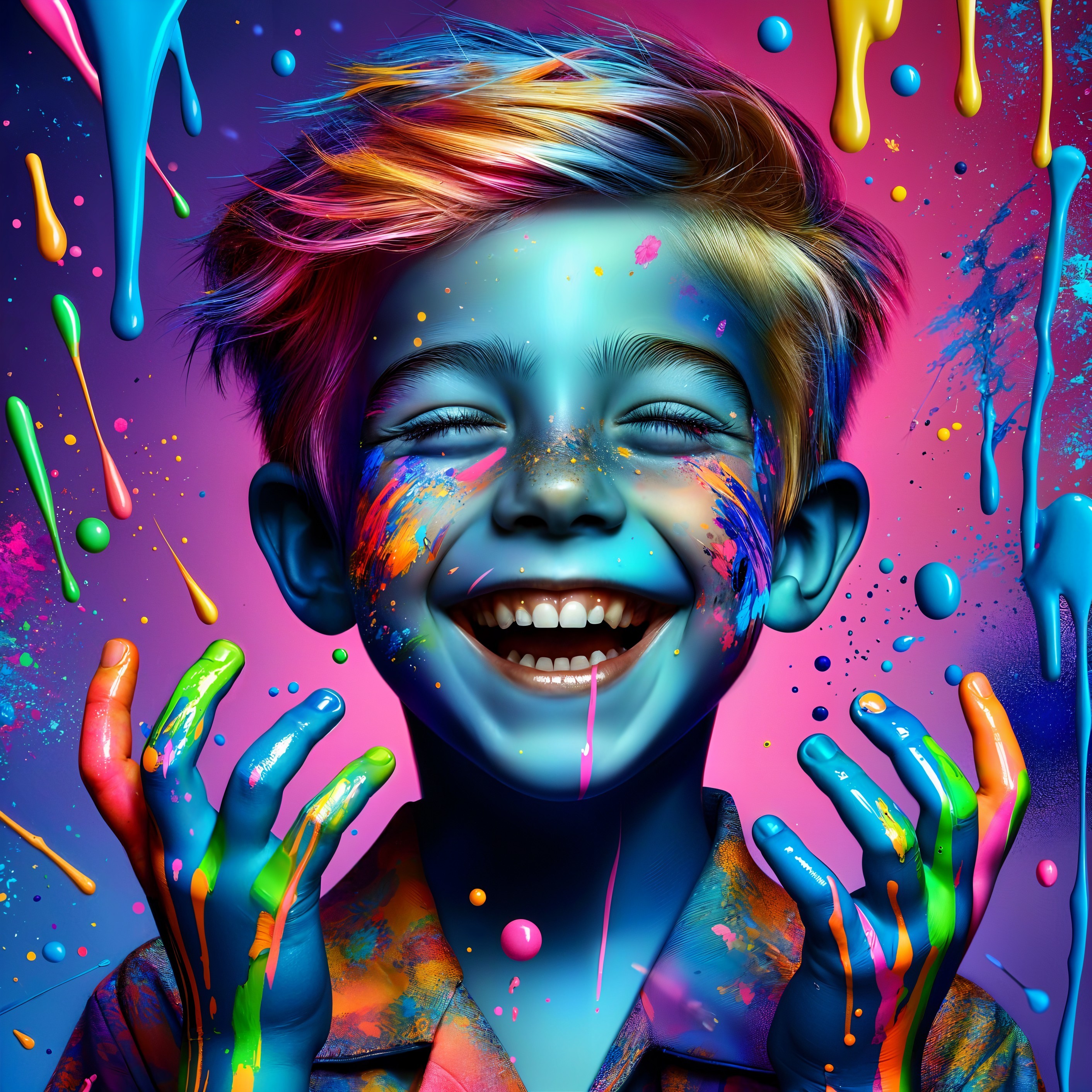 Joyful Child with Blue Skin and Colorful Paint Splatters