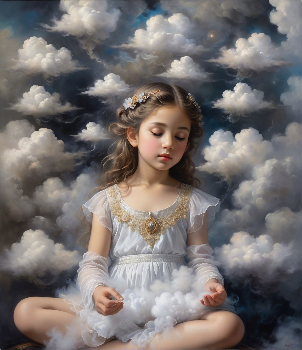 Young girl in flowing dress among ethereal clouds