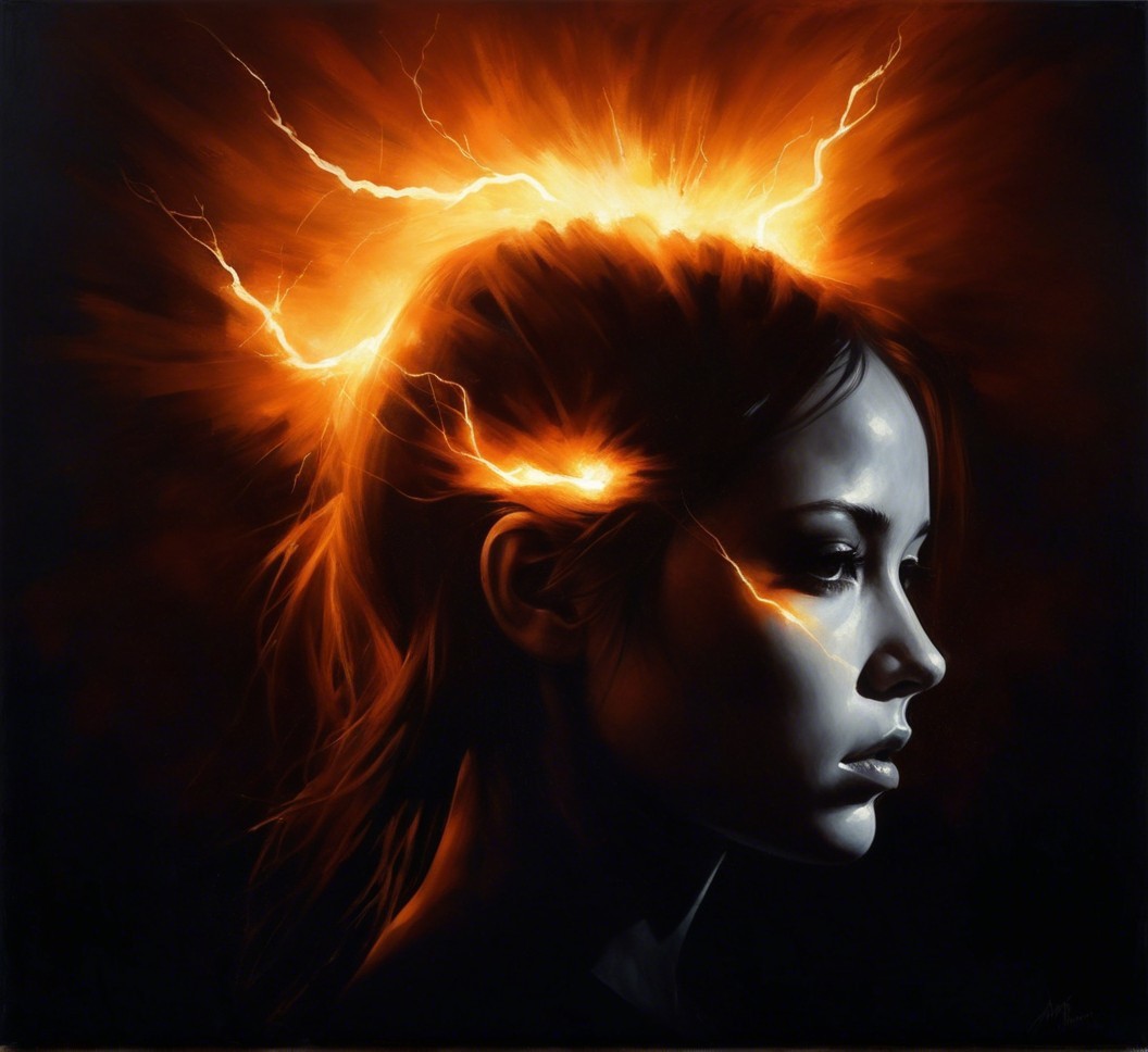 Profile of a Young Woman with Orange Lightning Effects