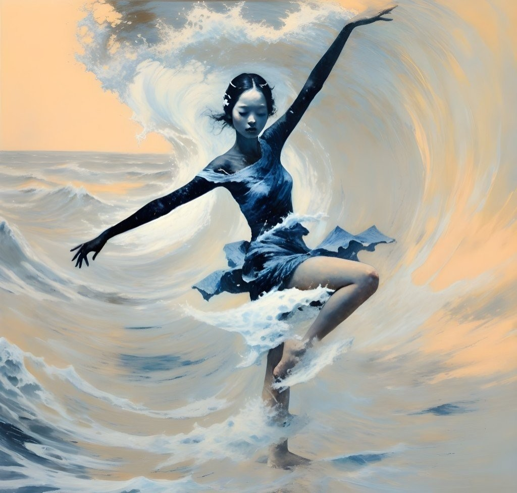 Dancer in Flowing Dress Amid Turbulent Ocean Waves