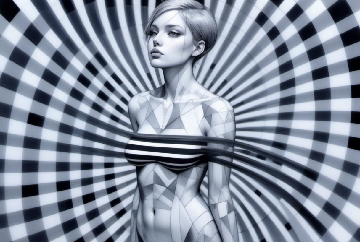 Abstract Figure with Geometric Shapes and Spiraling Background