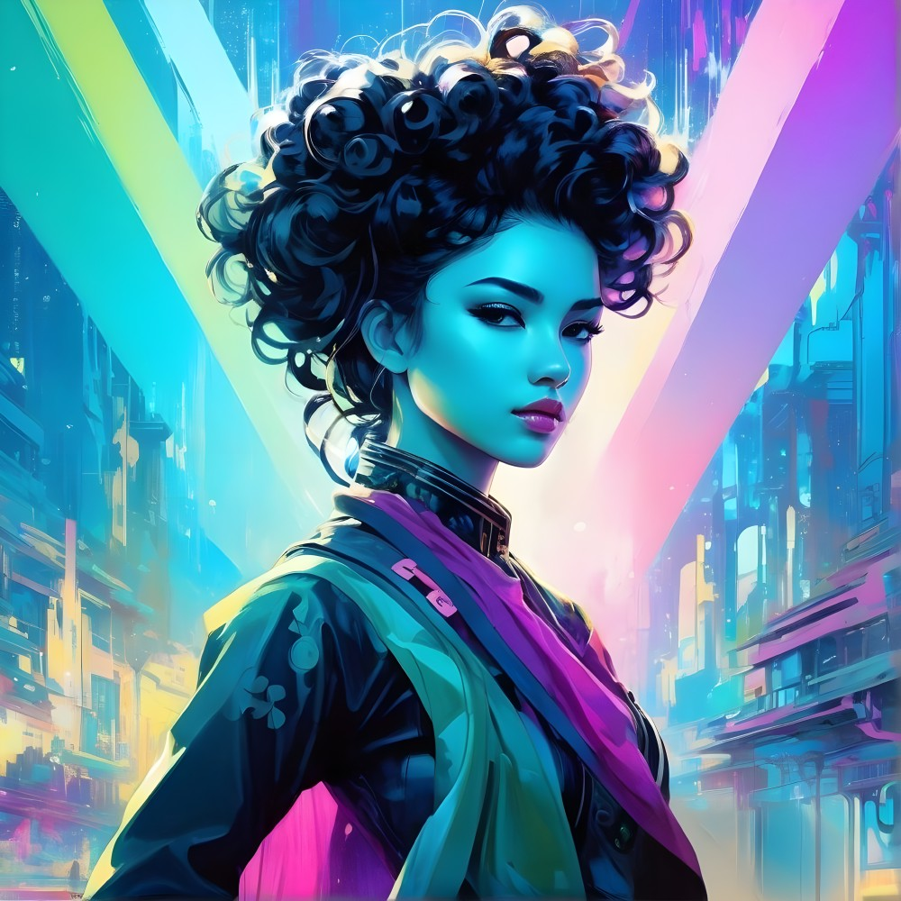 Stylized portrait of woman with curly hair in neon-lit cyberpunk cityscape