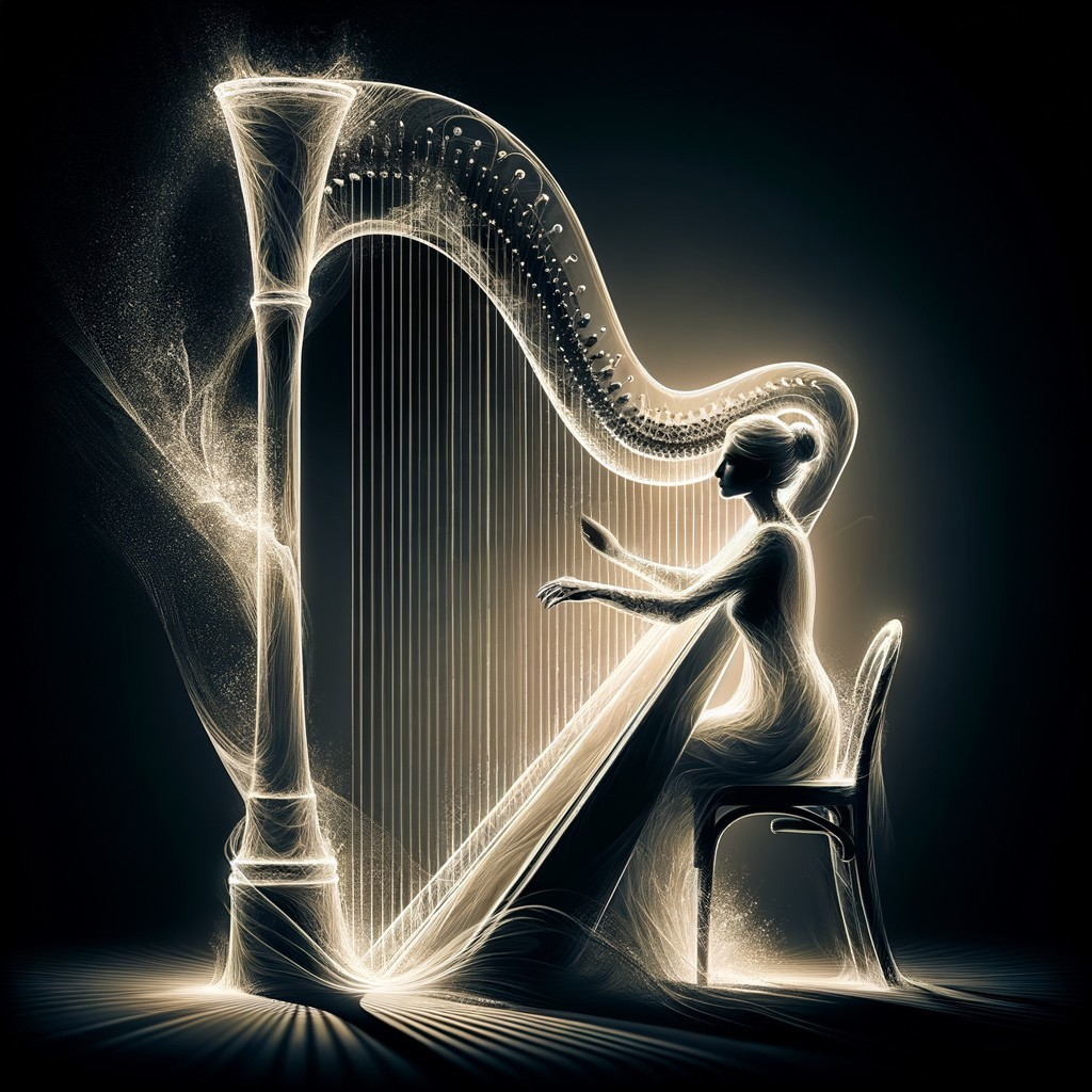 Woman playing harp in ethereal setting with glowing strings and light particles