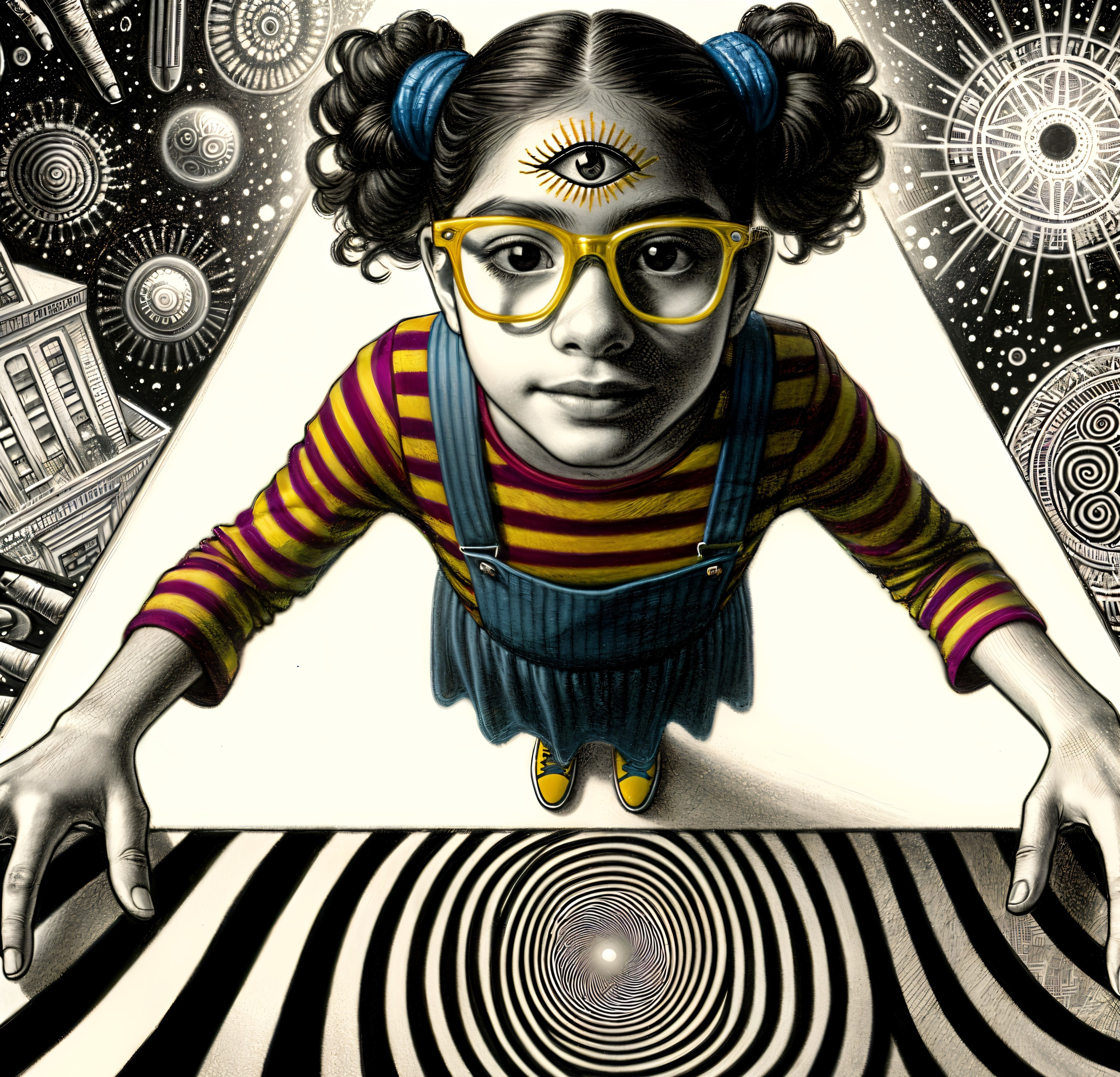 Young girl with pigtails and third eye in cosmic setting