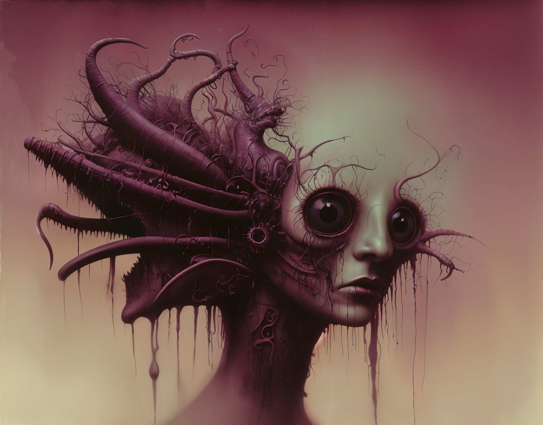 Surreal artwork featuring face with large eyes and tentacle-like appendages