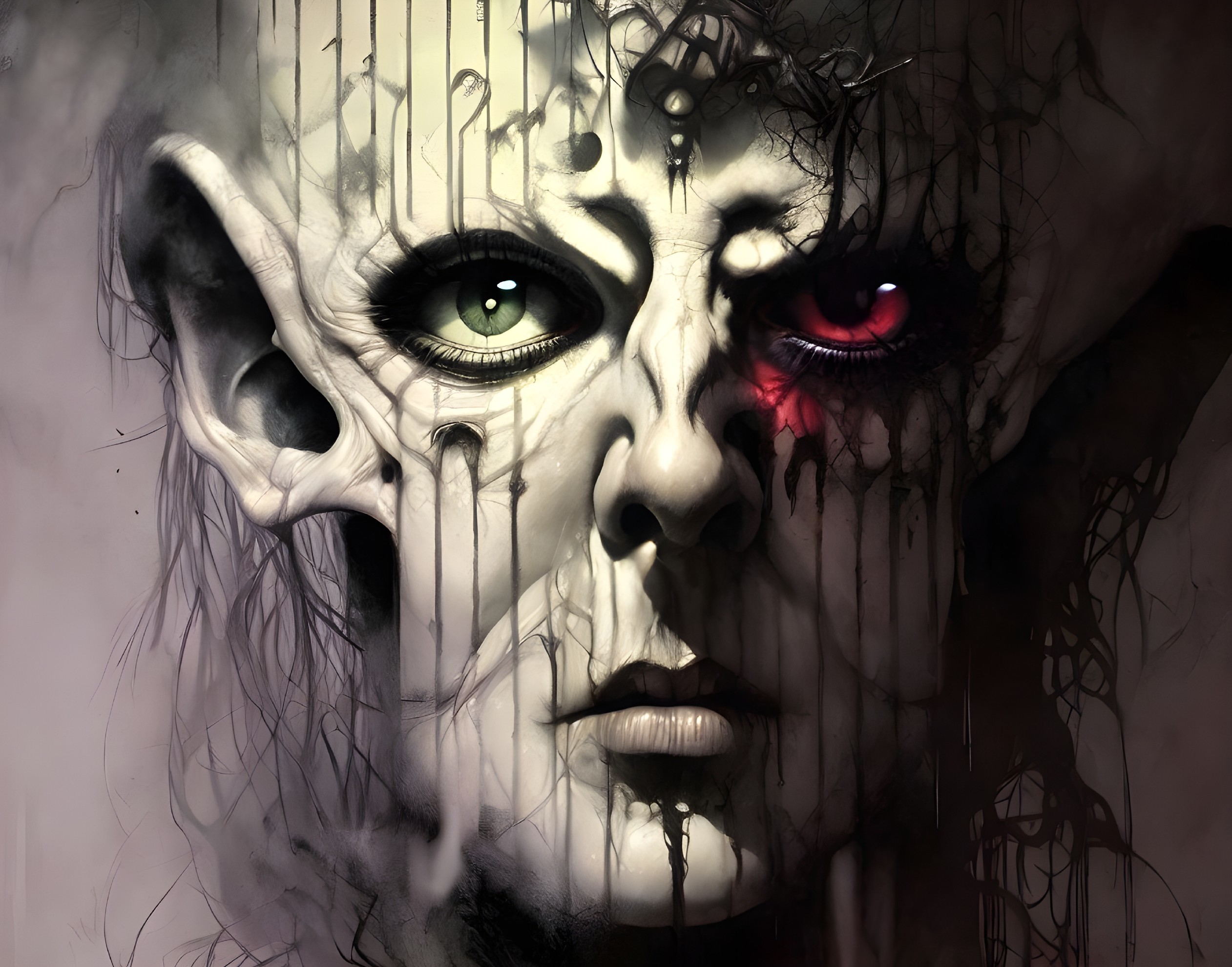 Dual-faced entity with pale and dark sides, green and red eyes.