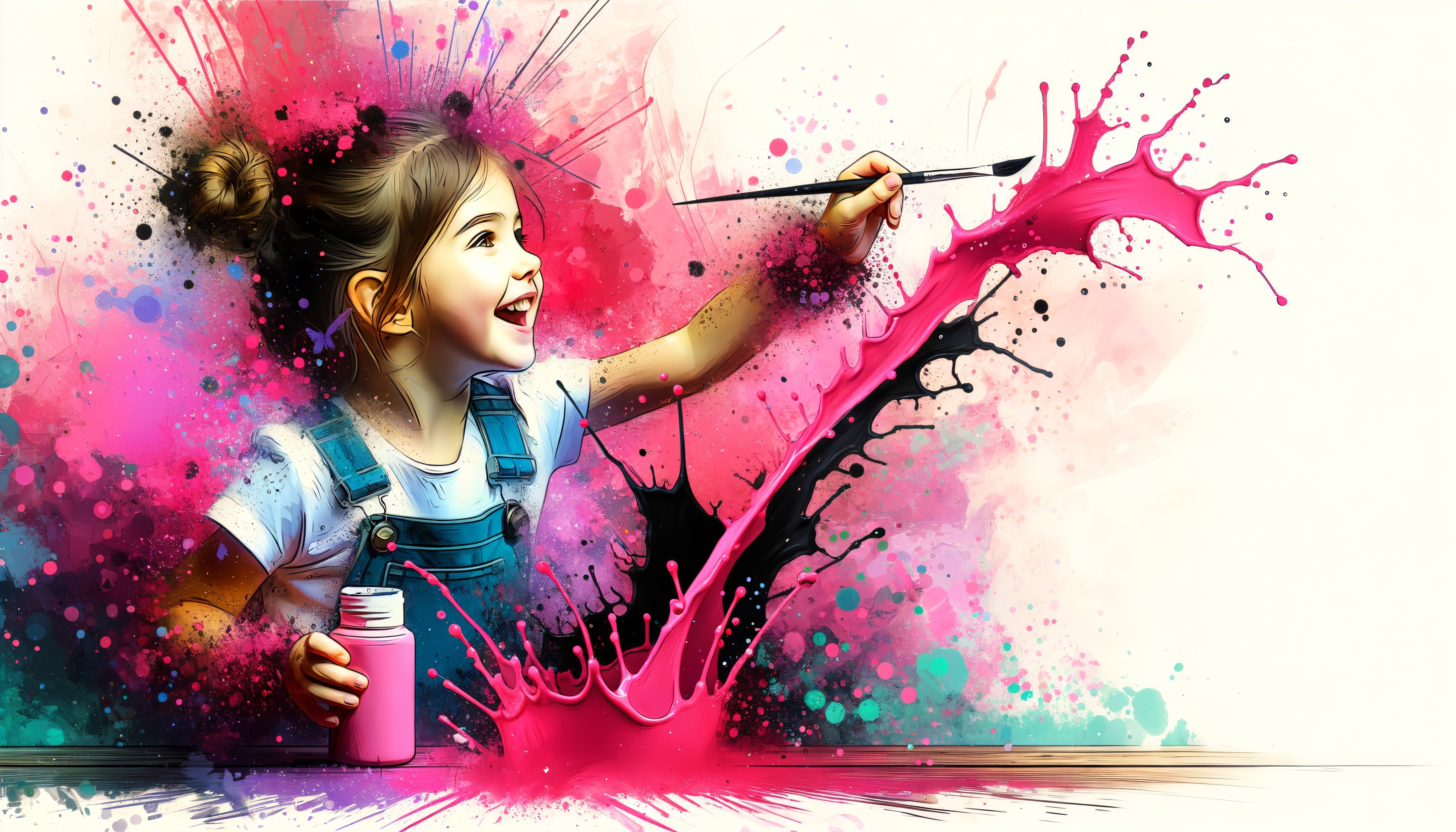 Young girl joyfully painting in colorful surroundings