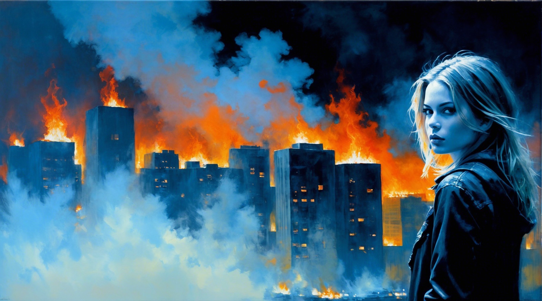 Surreal digital artwork of icy landscape with blue foliage and magical flames