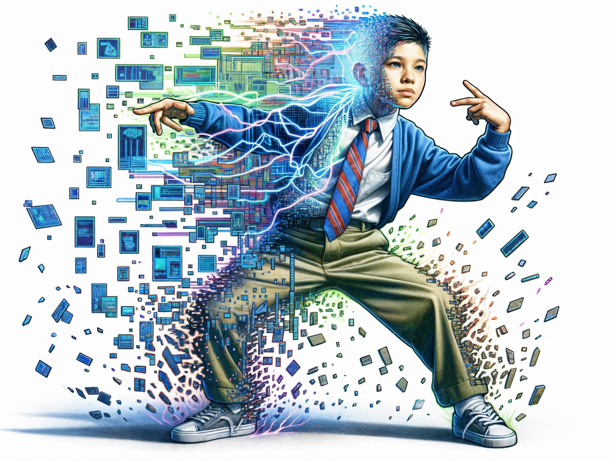 Young boy in blue cardigan with digital elements