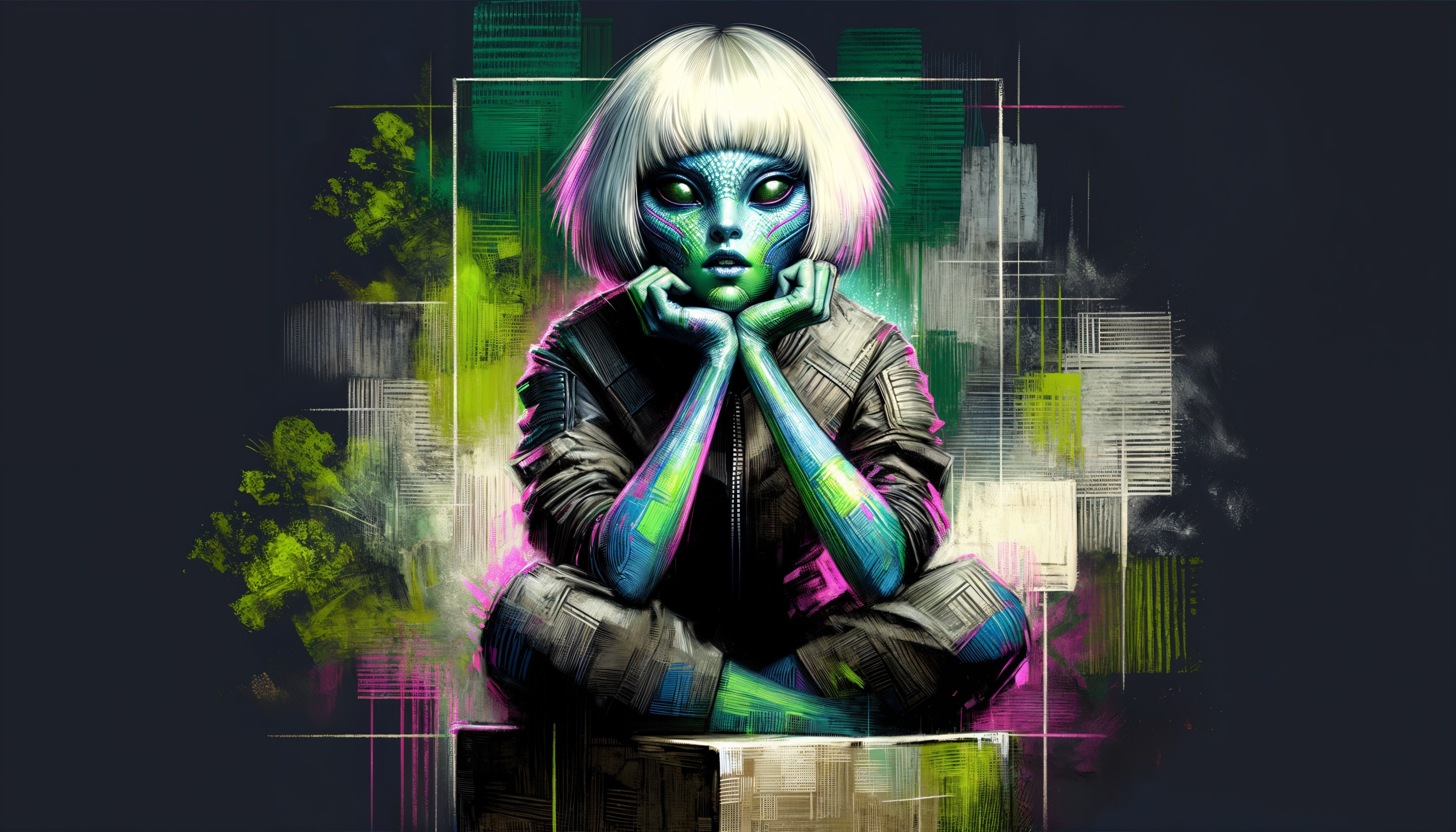 Futuristic Figure with Blue Skin in Abstract Setting