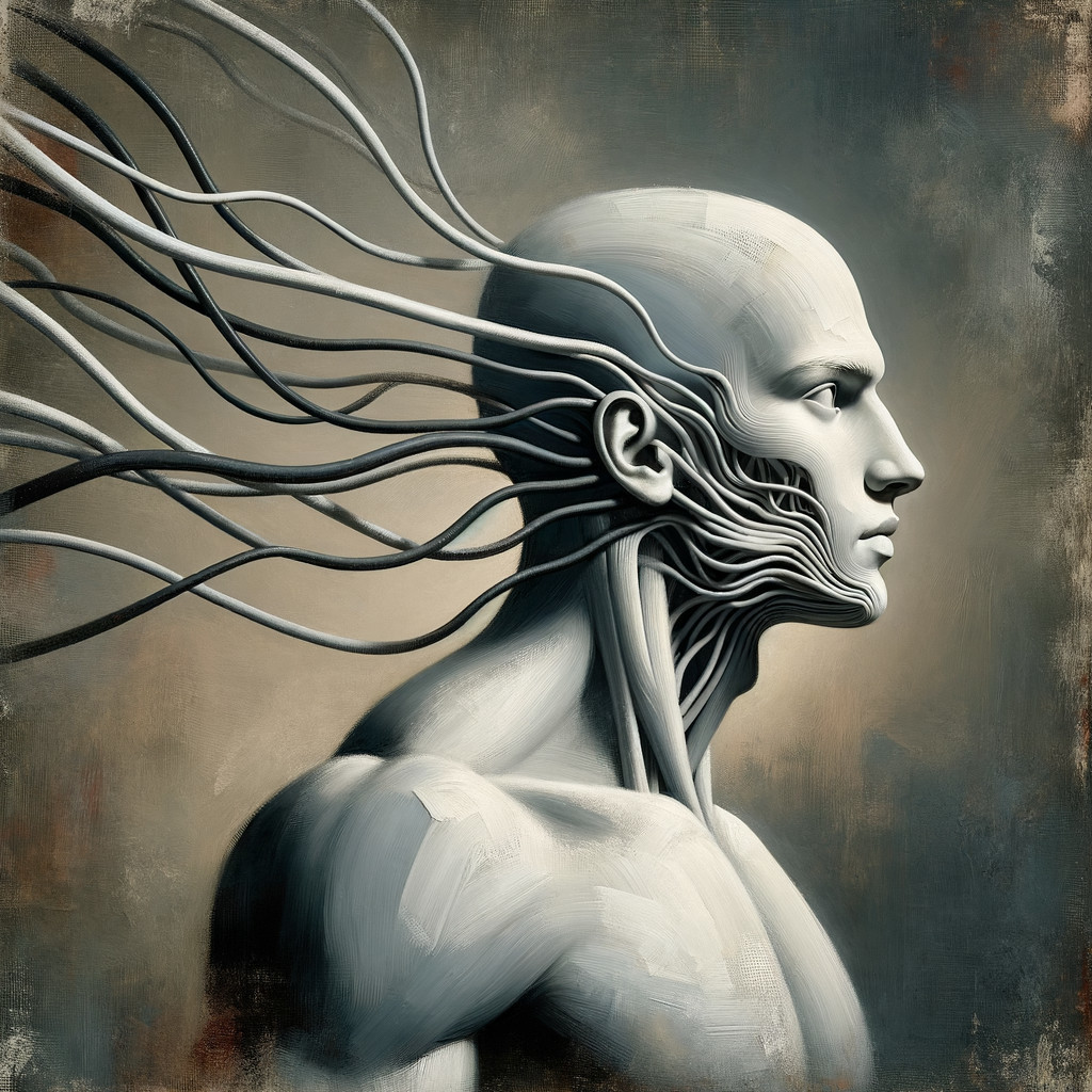 Surreal humanoid figure with mechanical features