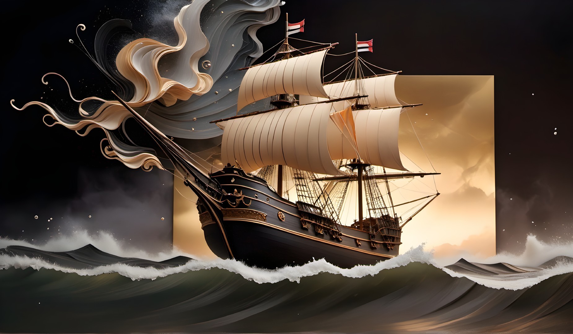 Tall Ship Navigating Stormy Seas with Billowing Sails