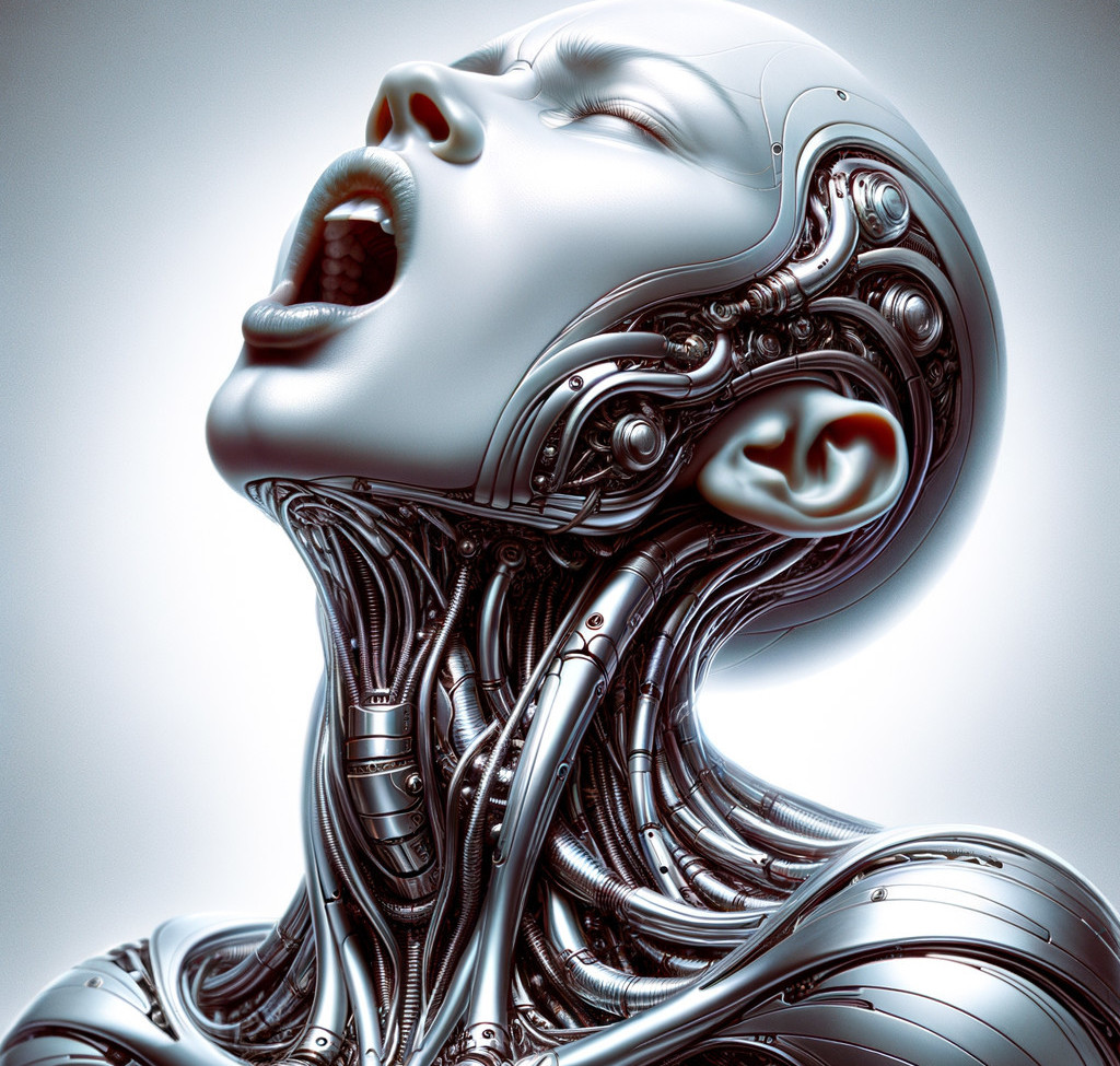 Futuristic humanoid figure with metallic face and circuitry