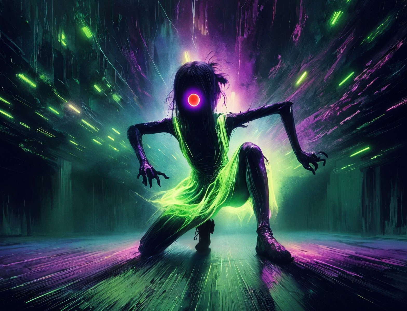 Spectral Figure in Glowing Green Dress on Abstract Background