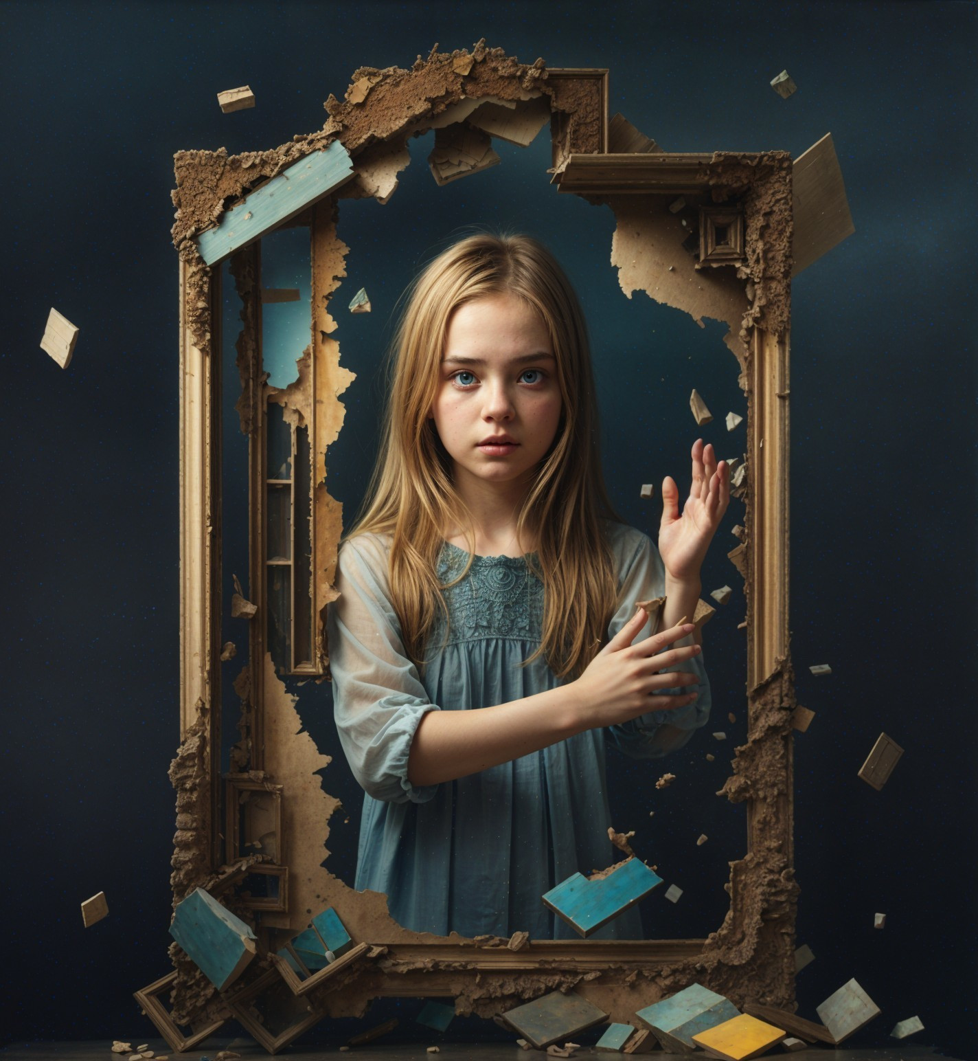 Young girl amidst shattered frame and colorful fragments