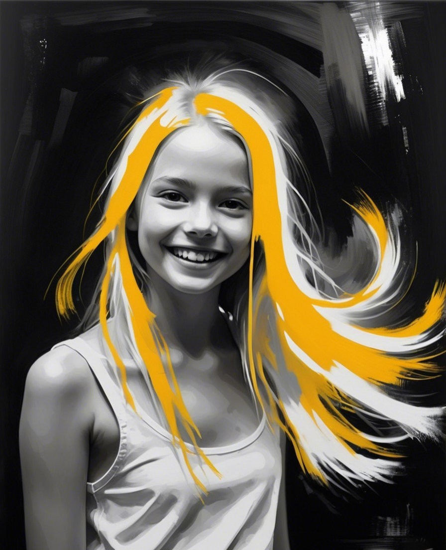 Young girl with vibrant hair against black and white background