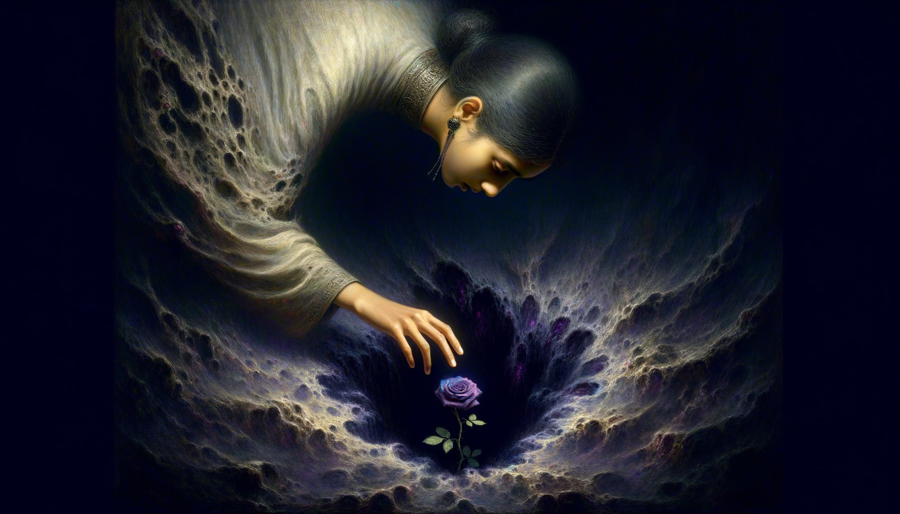 Serene woman reaching for glowing purple rose in cosmic abyss