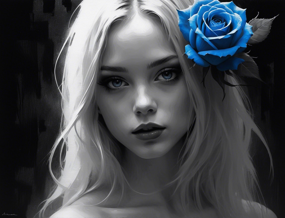 Black and White Portrait of Young Woman with Blue Rose