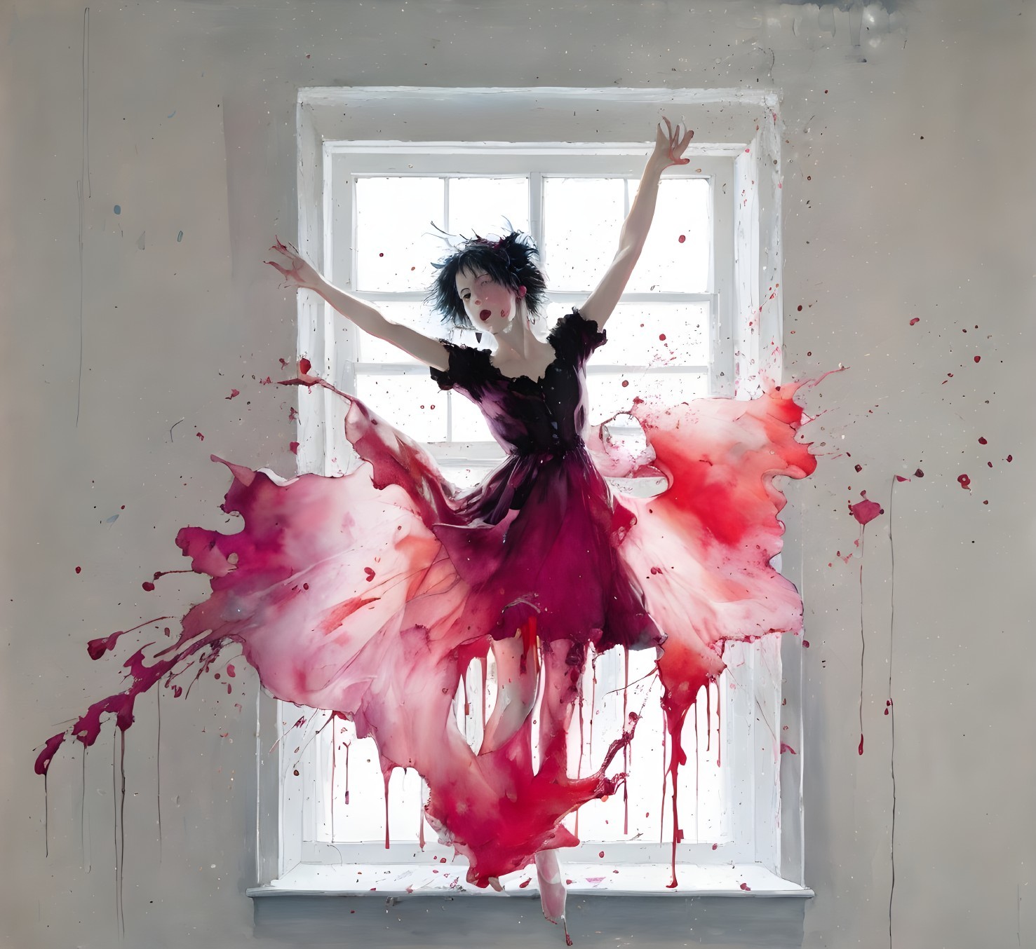 Colorful painting of person in flowing dress with red and pink splashes on grey backdrop.