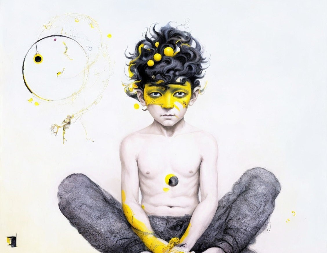 Child with Black Curly Hair Surrounded by Yellow Spheres on White Background