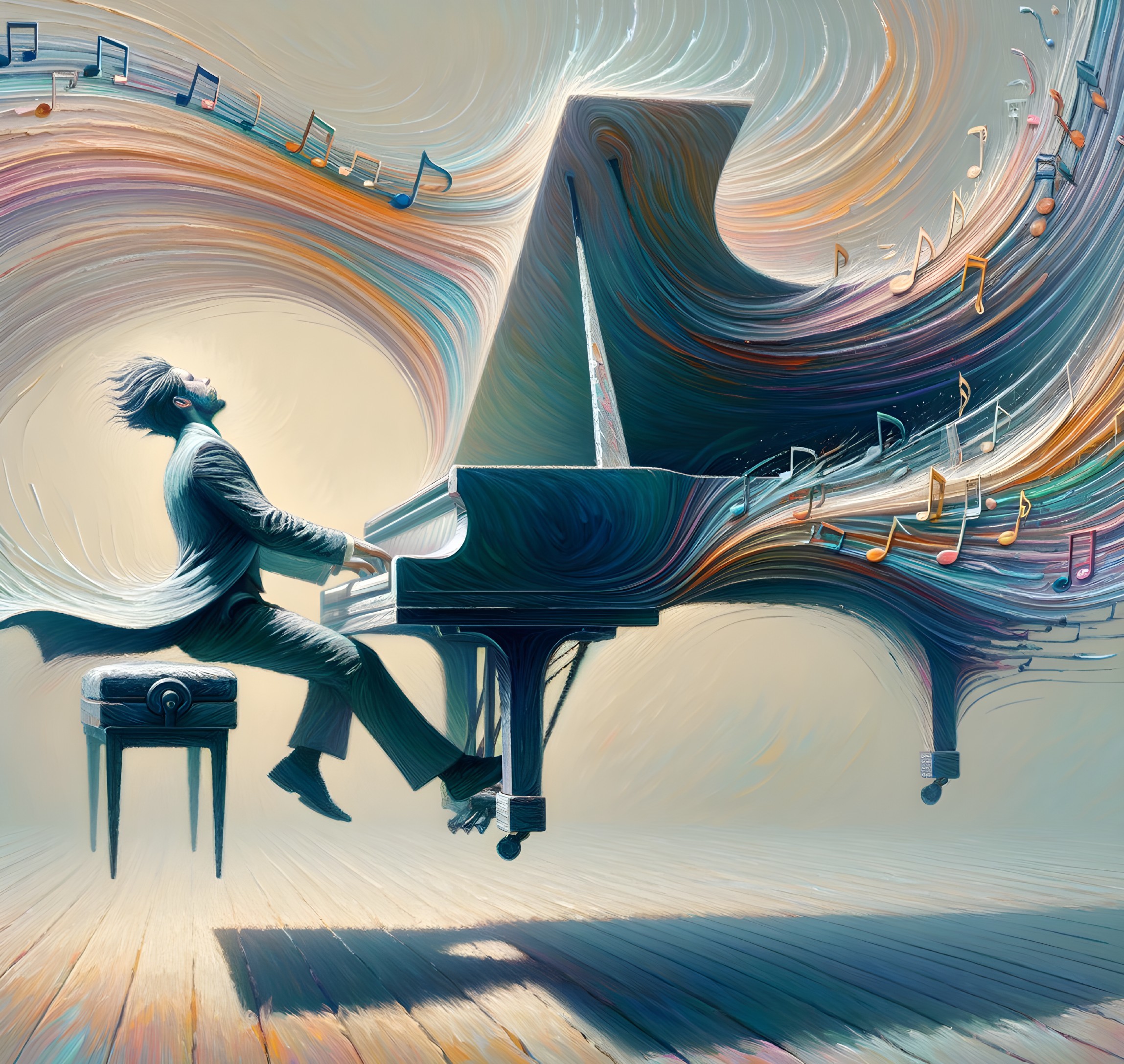 Vibrant illustration: man playing grand piano with music swirls.