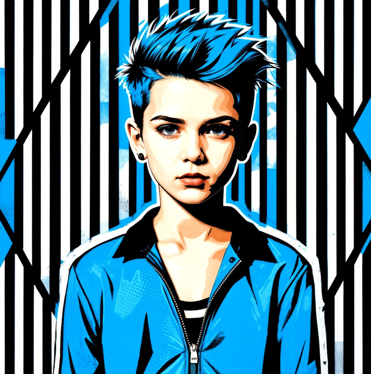 Stylized portrait of a young person with blue hair