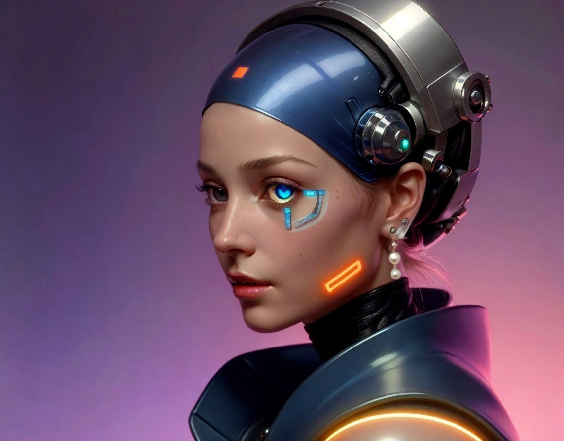 Female Cyborg Digital Artwork with Futuristic Helmet and Glowing Elements