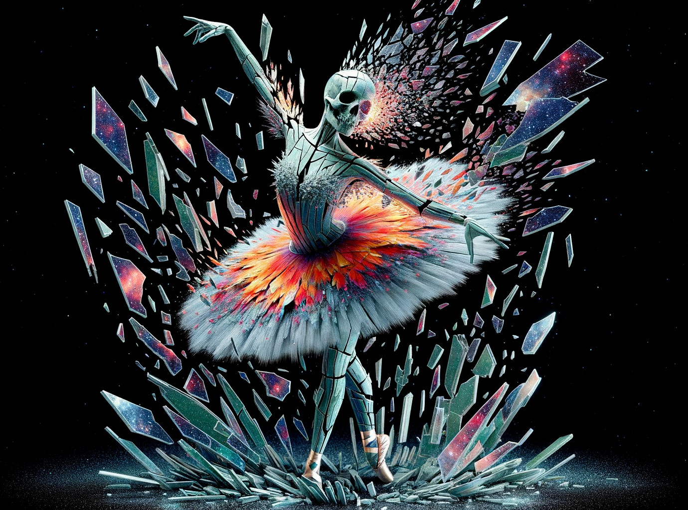 Colorful Ballerina Skull Fragmentation Against Dark Background