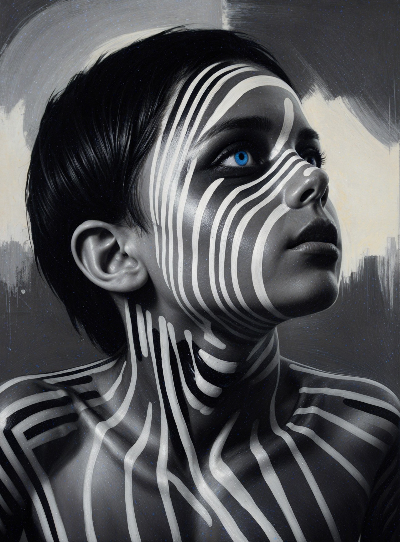 Portrait of a Face with Striped Pattern and Blue Eye