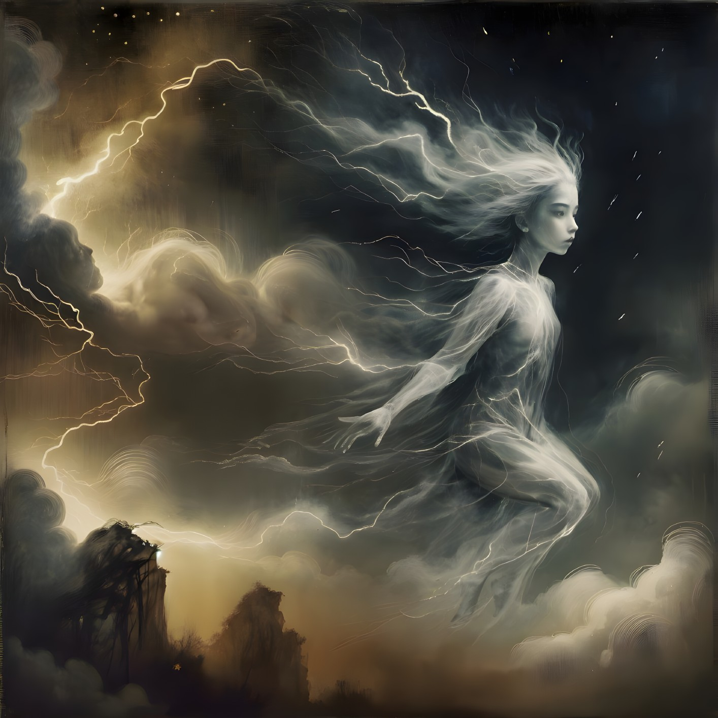Ghostly Figure in Stormy Sky with Lightning and Ruins