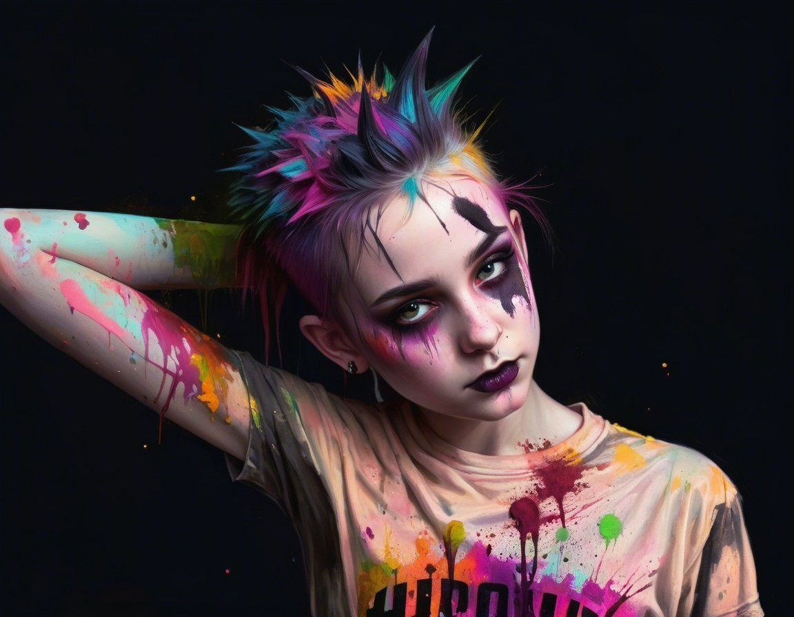 Vibrant punk hairstyle with colorful splattered makeup pose on dark background