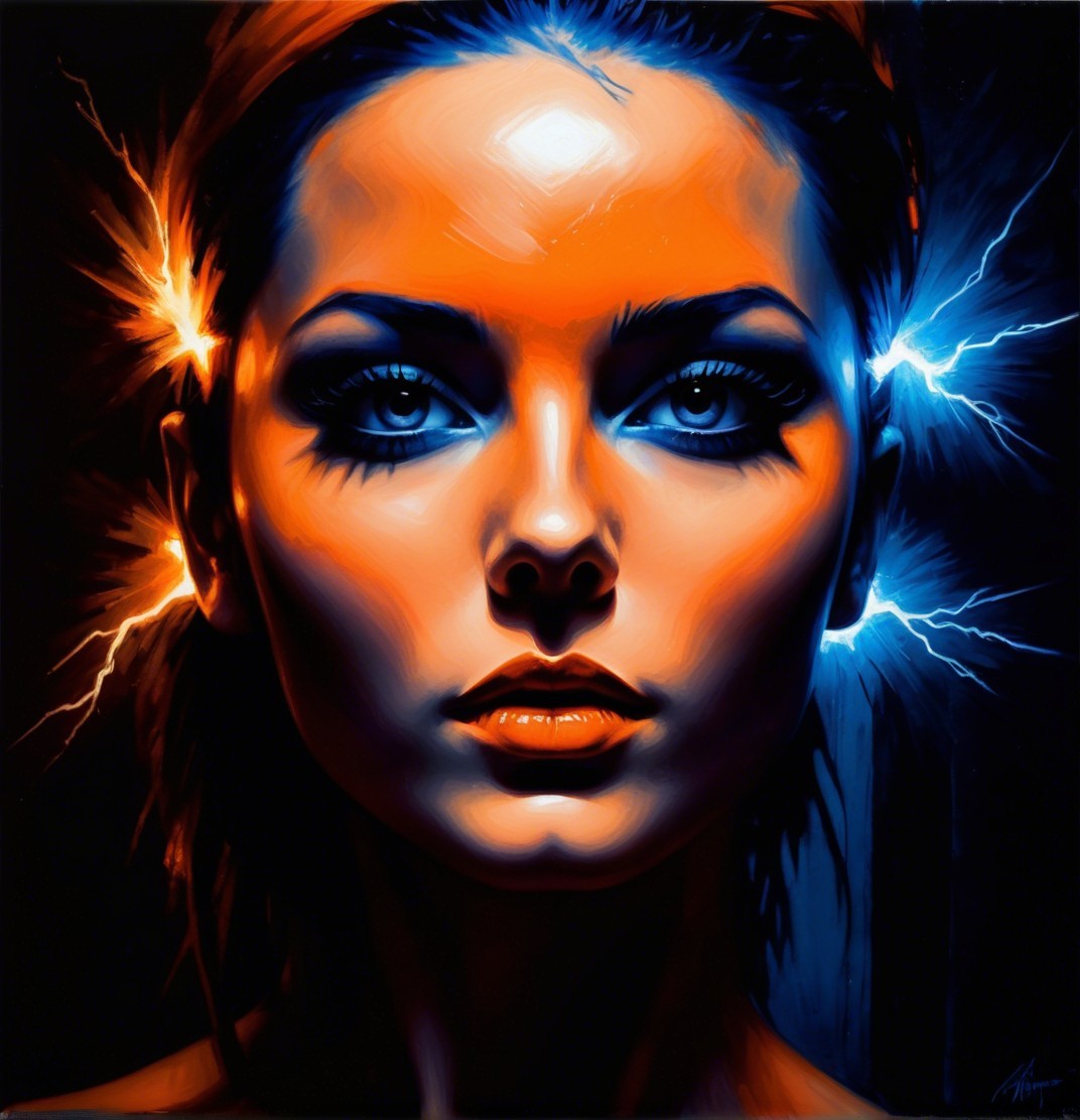Portrait of a Woman with Lightning Motifs and Bold Colors