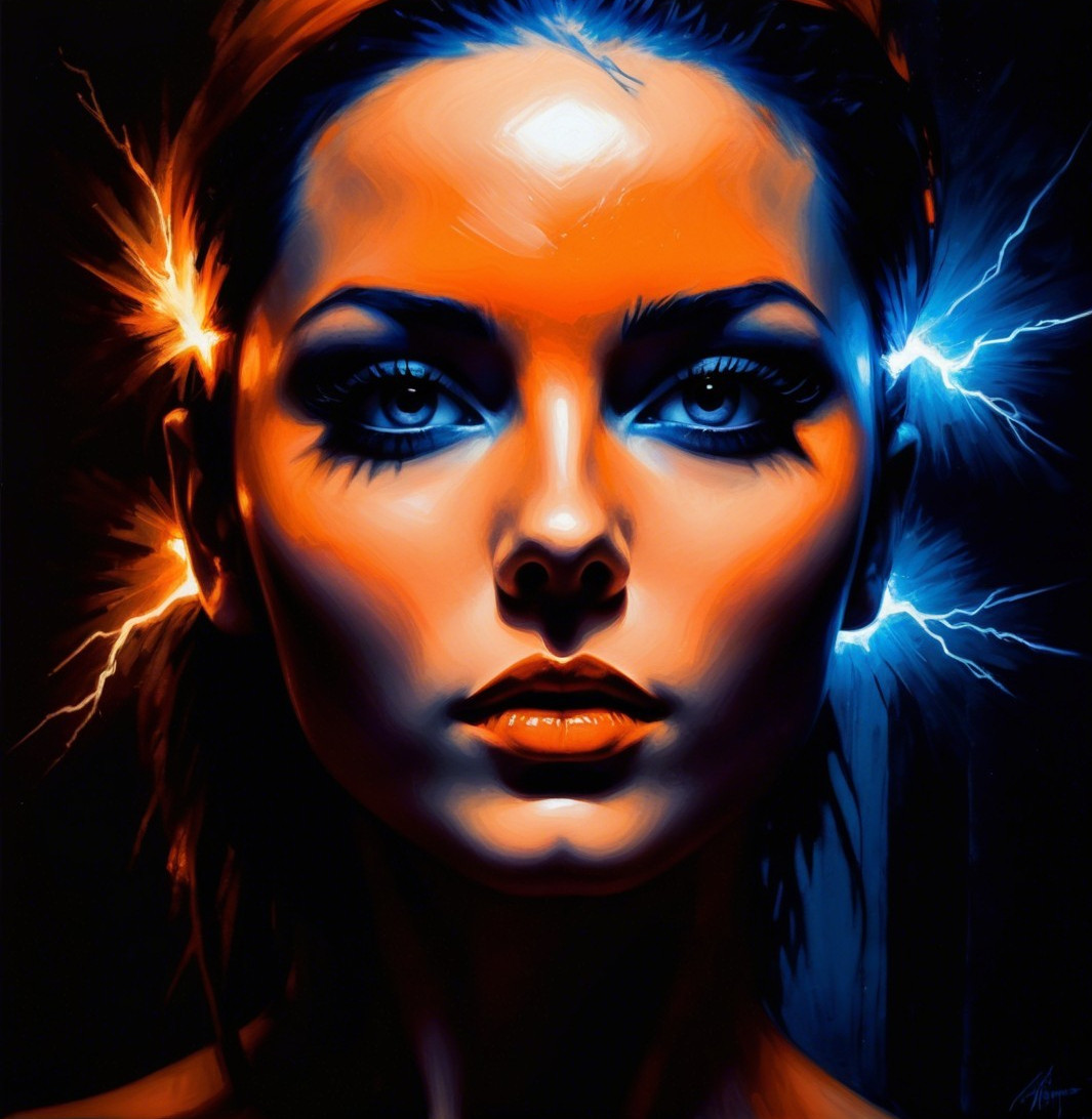 Portrait of a Woman with Lightning Motifs and Bold Colors