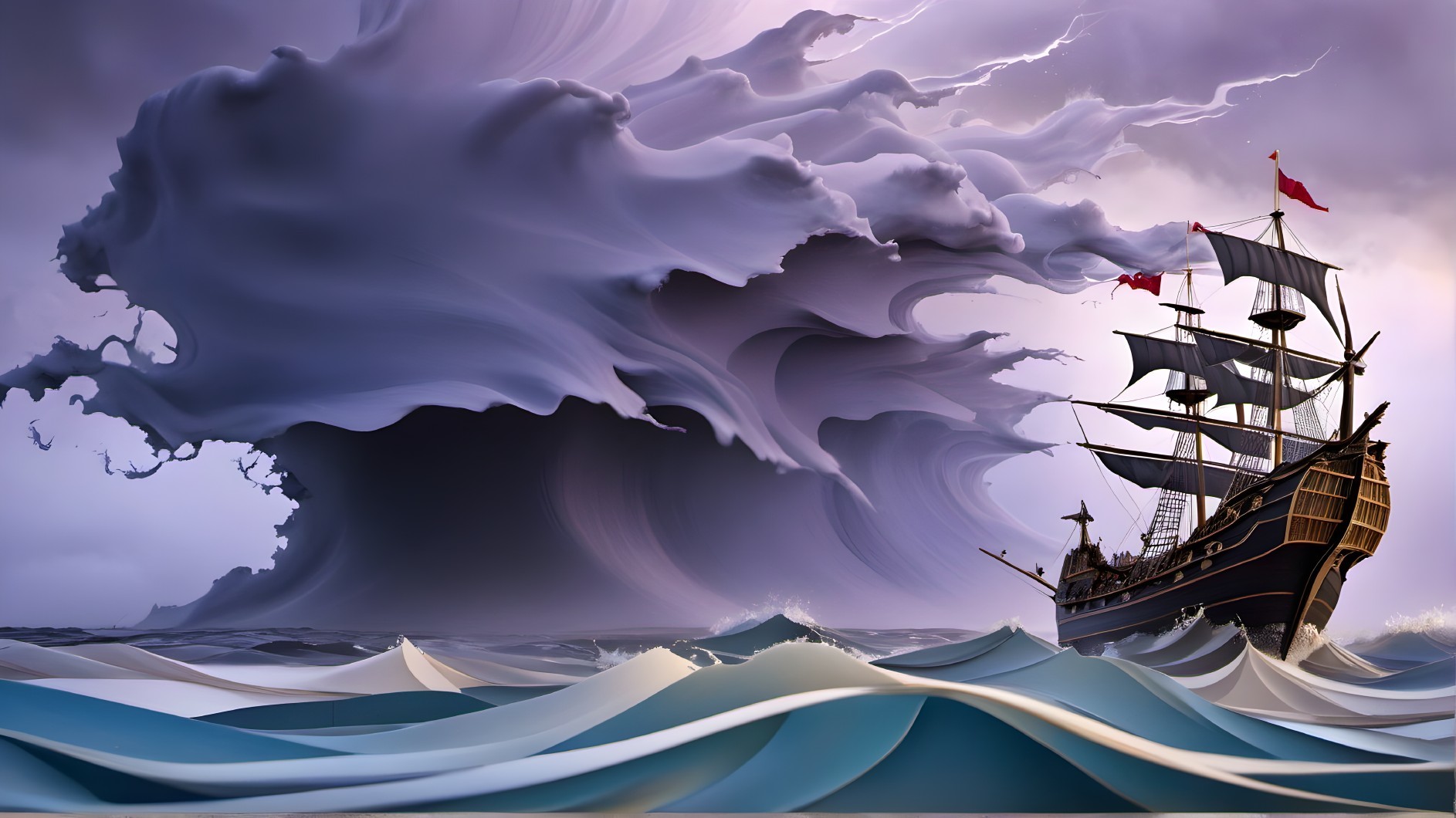 Majestic sailing ship in stormy seas with lightning