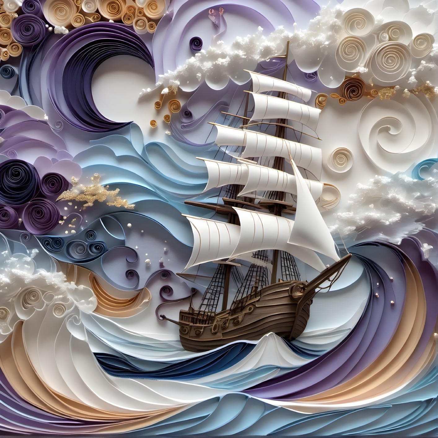 Vibrant Paper Quilling Art of a Ship on Waves