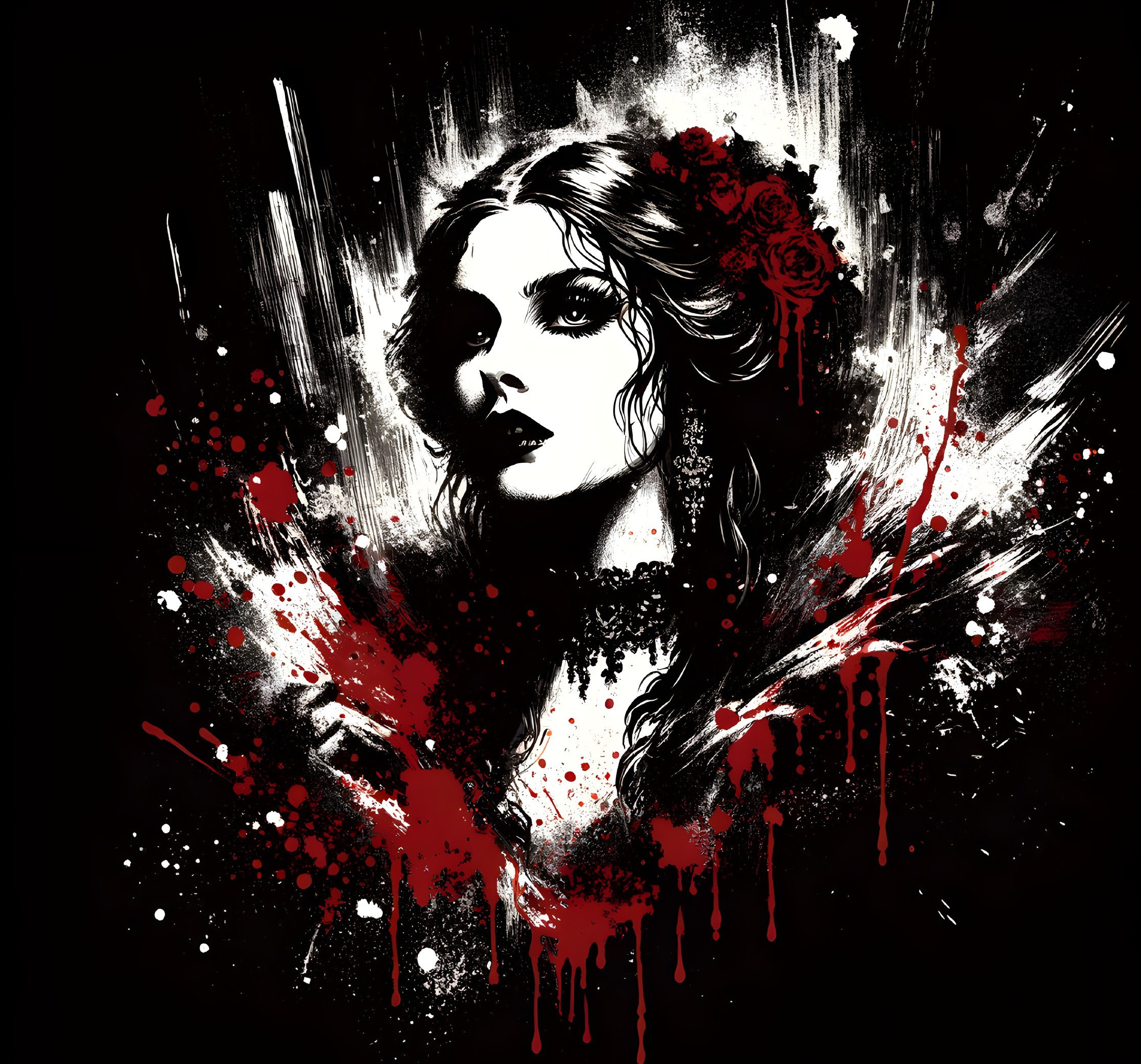 Monochromatic Portrait of Woman with Roses and Red Accents