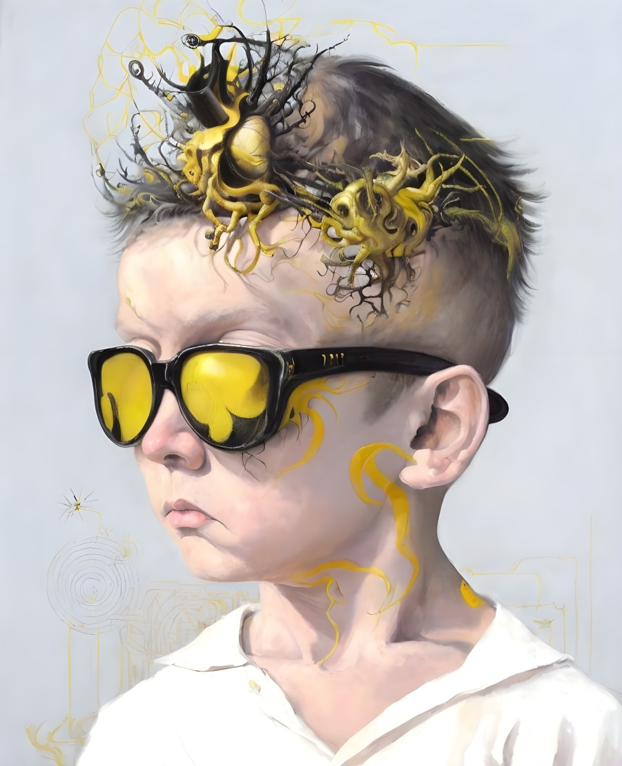 Abstract Yellow Shapes Surround Child with Sunglasses